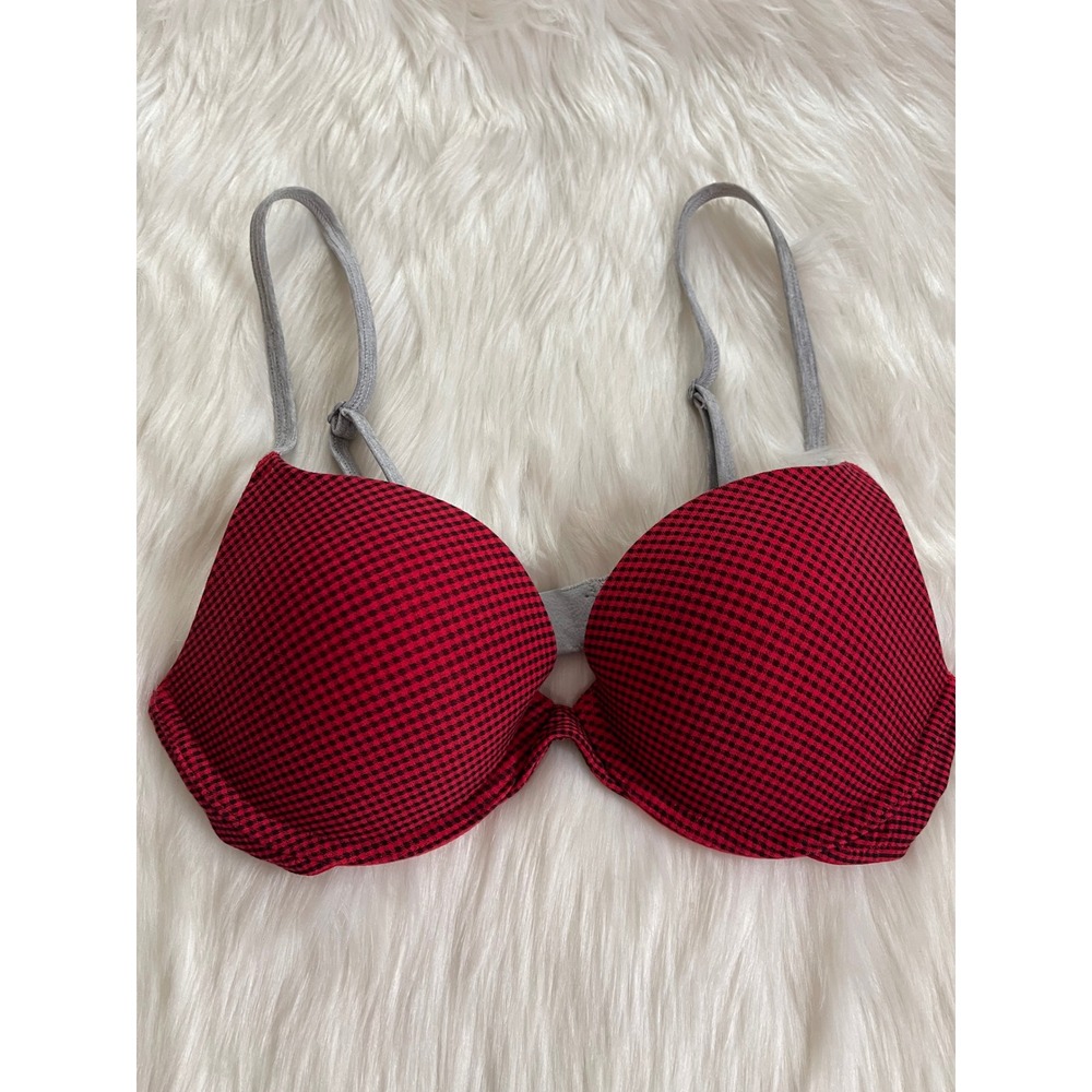 Victoria's Secret Plunge Push-Up Bra Red and Black Plaid Grey Straps Size 36B